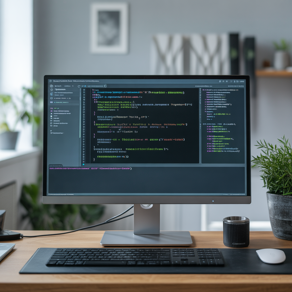 A sleek workspace showcasing a step-by-step programming tutorial on a modern monitor, clean lighting, 4k quality